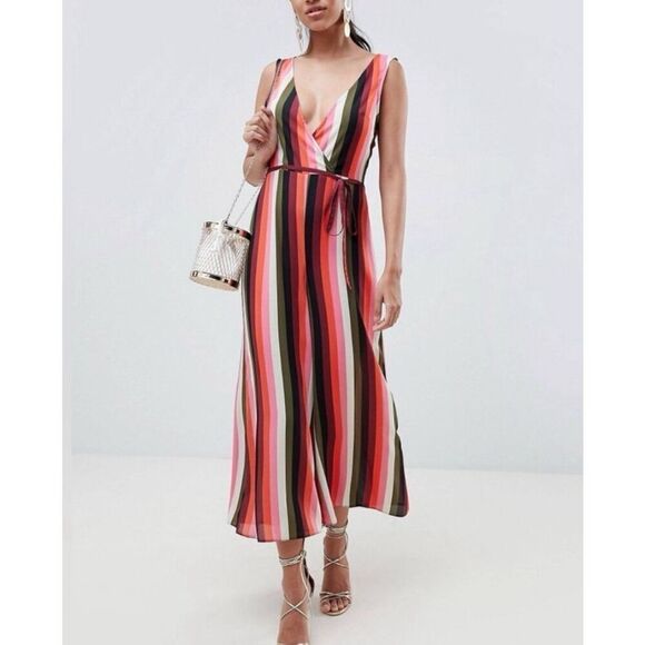 EUC ASOS Multicolor Stripe Crossfront Lowcut V Capri Jumpsuit - Size 2 - Picture 2 of 14